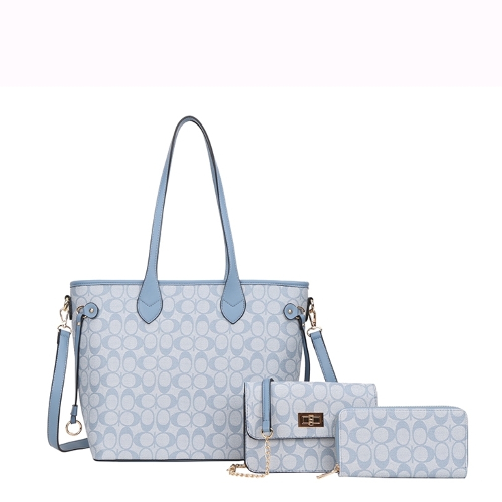 3in1 MONOGRAM Light Blue Signature Tote Set with Wallets